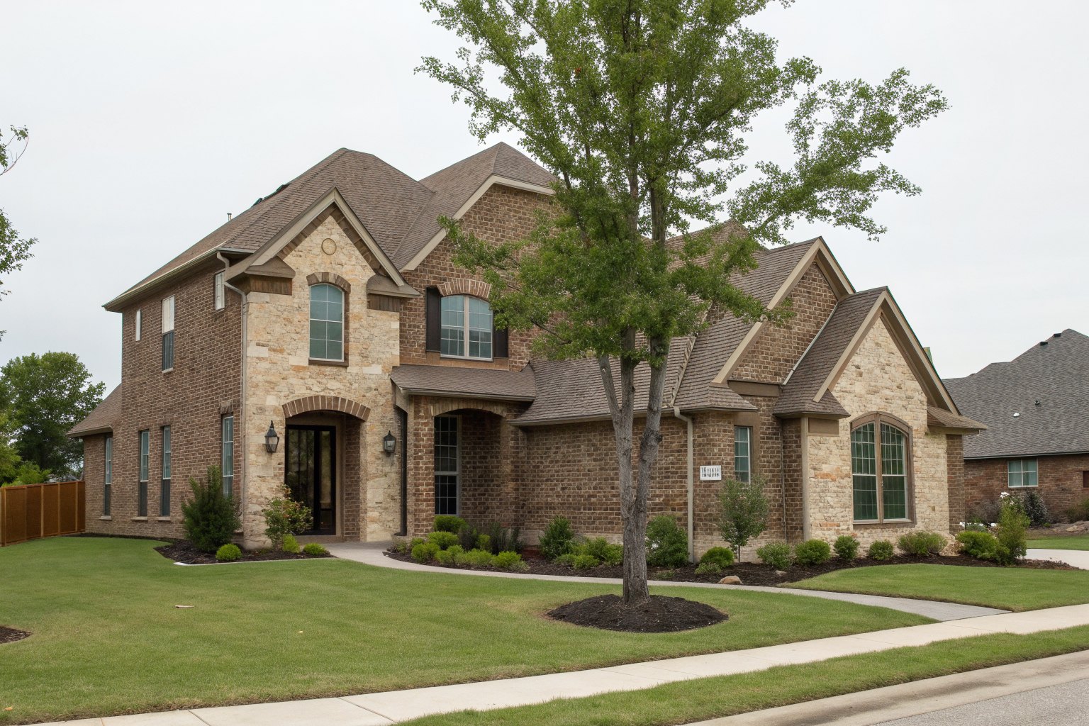 A new two-story brick and stone house with a brown architectural shingle roof