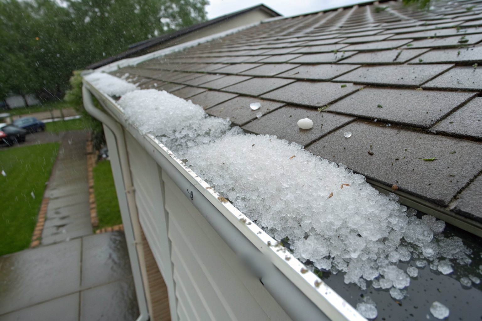 Hailstones piled in a gutter along a shingle roof edge