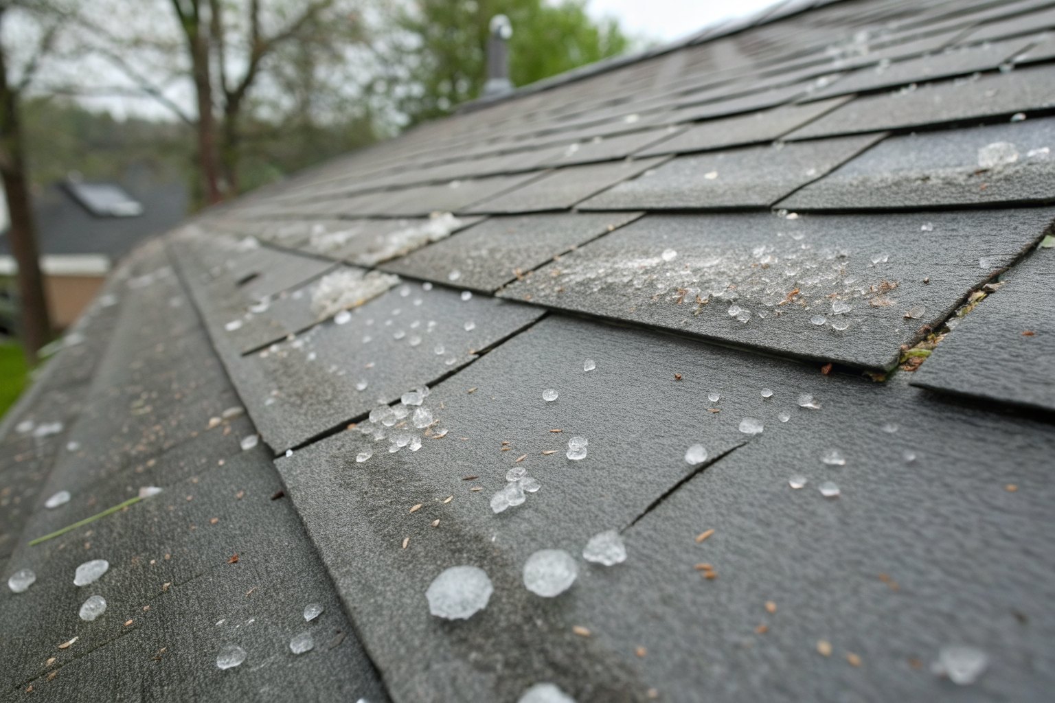Close view of gray shingles with round hail bruises and loose granules