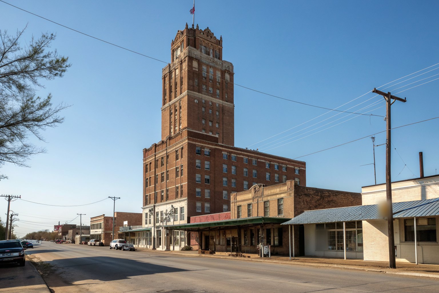 A tall historic brick hotel building rising above a small Texas town