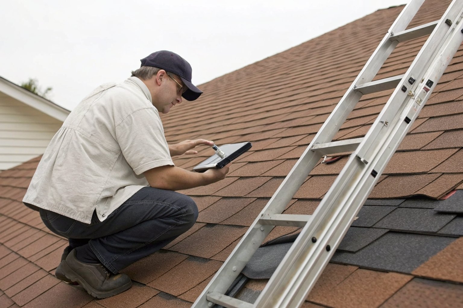 A roofer on a shingle roof with a tablet checking storm damage near a ladder