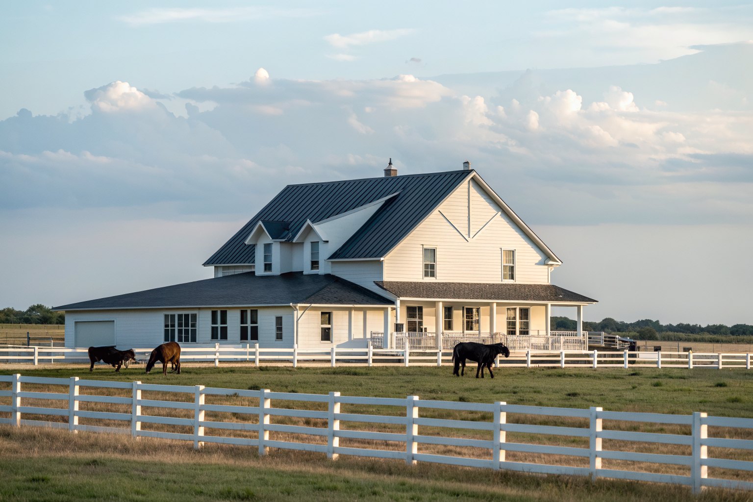 A white farmhouse with a dark standing-seam metal roof on a ranch with a pipe fence and cattle
