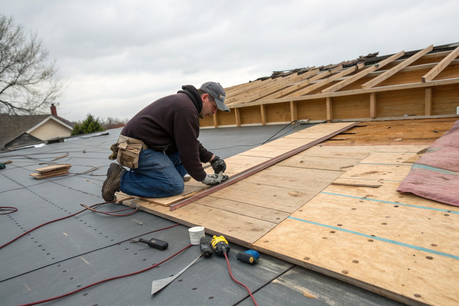 A roofer fastening new sheathing where damaged roof decking was removed