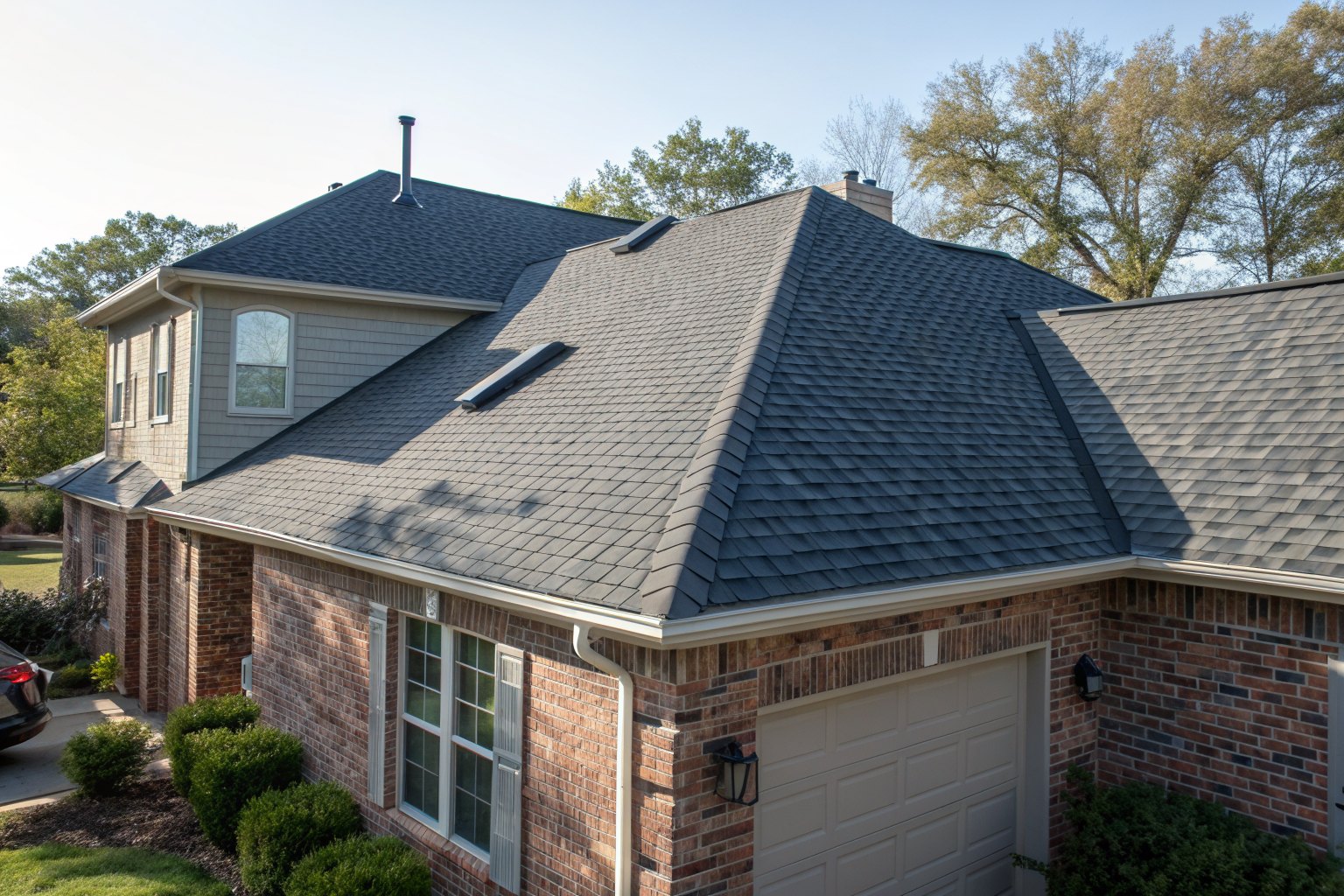 A finished charcoal shingle roof with a ridge vent on a sunny day