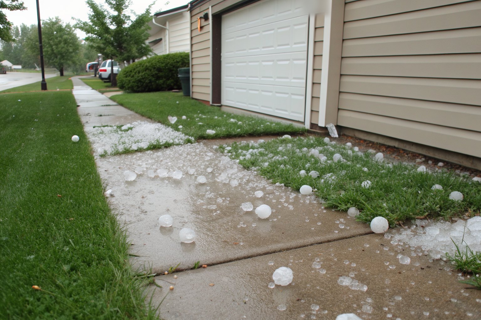 Large hailstones scattered across a green lawn and driveway after a storm