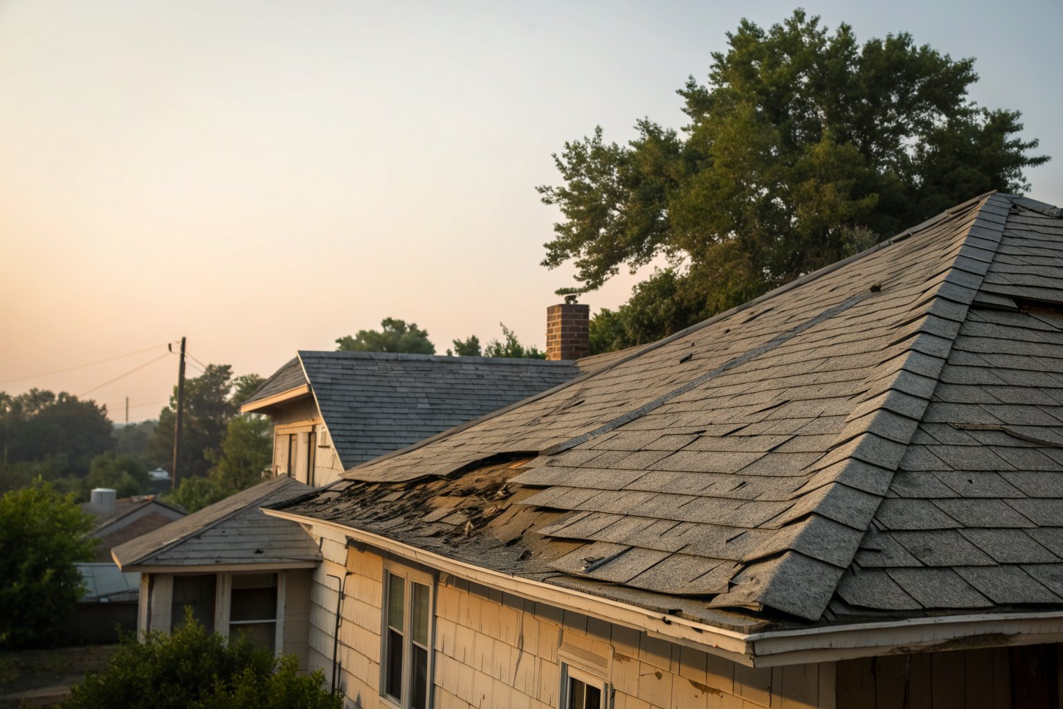Sun-faded, curling shingles on a roof under a hot summer sky