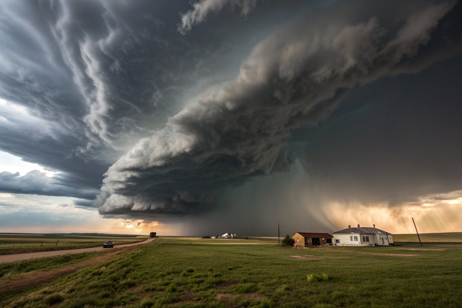 A towering supercell storm cloud over open pasture and a few distant homes