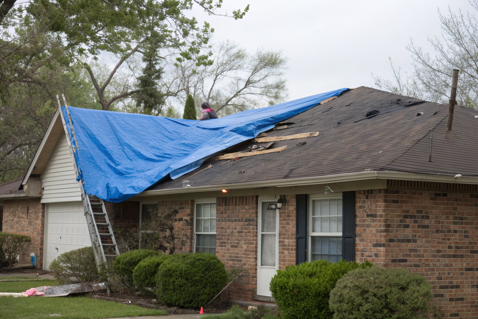 A blue tarp tied over part of a damaged shingle roof