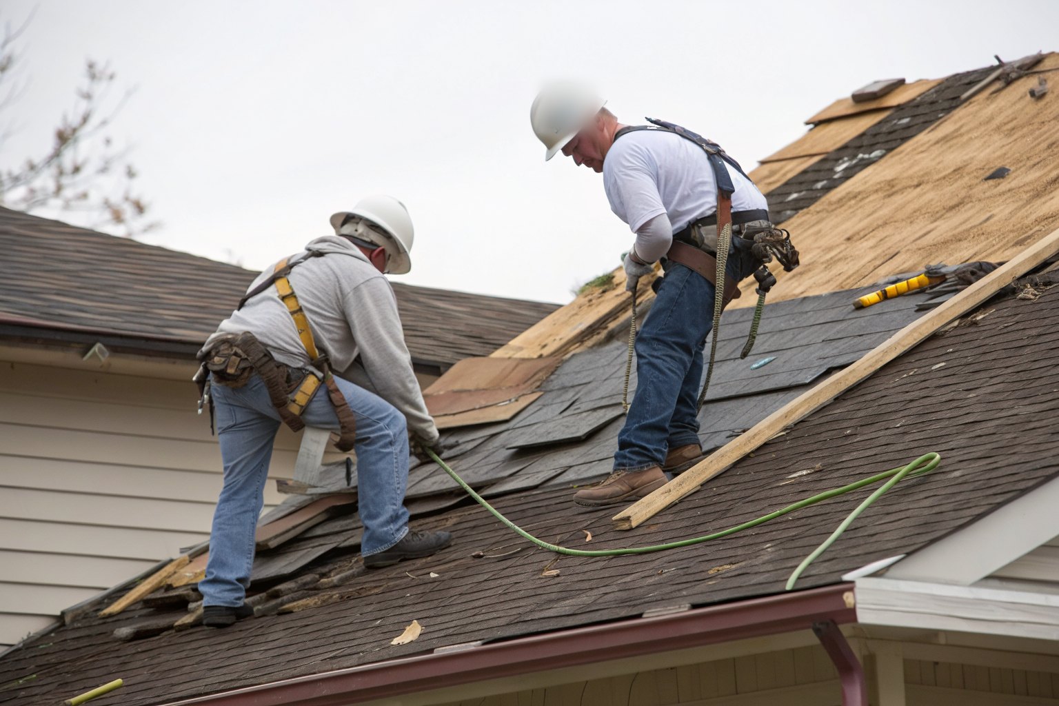 Two roofers in hard hats stripping old shingles down to the roof deck