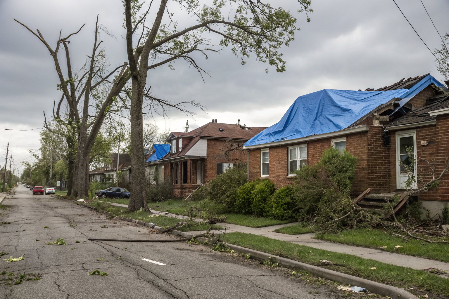 Houses with torn roofs and blue tarps on a suburban street after a tornado